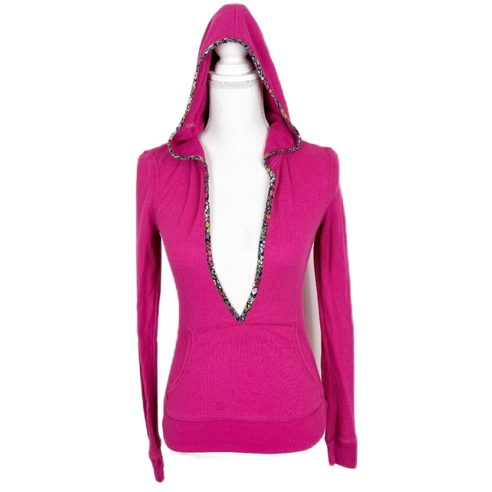 Copper Key Pink Waffle Knit Pullover Hoodie Sweatshirt Low V-Neck Sweater Small